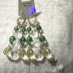 Handmade Green and Clear Beaded Heart Dangle Earrings